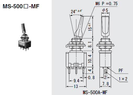 【MS500AMF-K】スイッチ トグルタイプ ON-ON フラットレバー 黒
