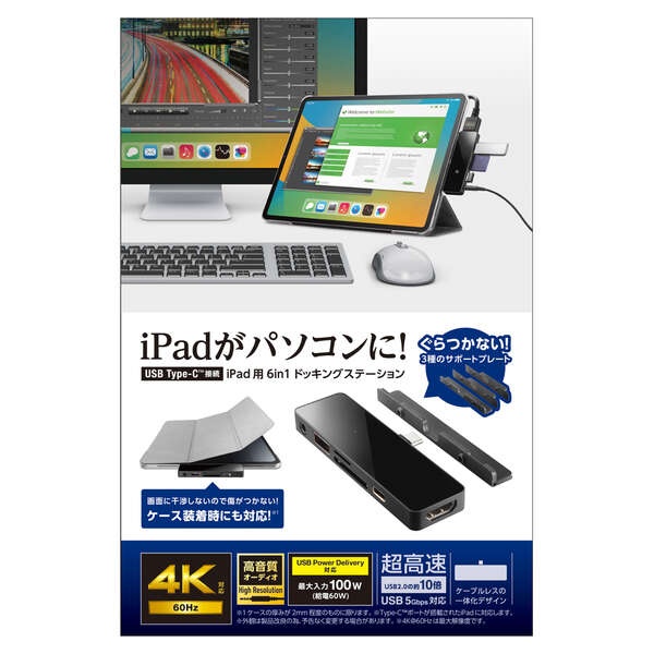 iPad用 USB Type-C 6in1 一体型ドッキングステーション【LHB-PAPP6U3】