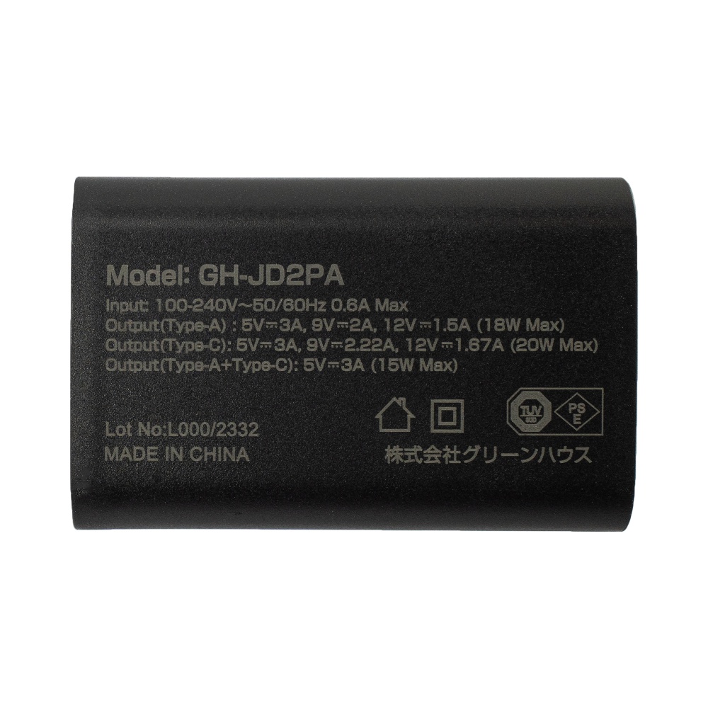 AC-USBアダプタ Type-A&C PD20W ブラック【GH-JD2PA-BK】