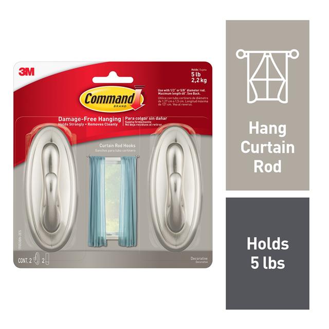 【17053BN-2ES】COMMAND CURTAIN ROD HOOKS, 2 HOO