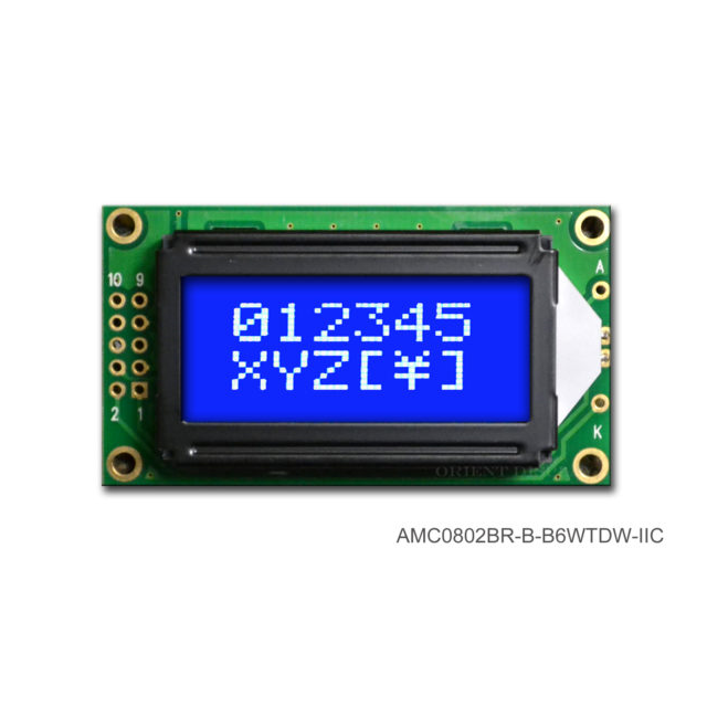 【AMC0802BR-B-B6WTDW-I2C】LCD COB CHAR 8X2 BLUE TRANSM I2C