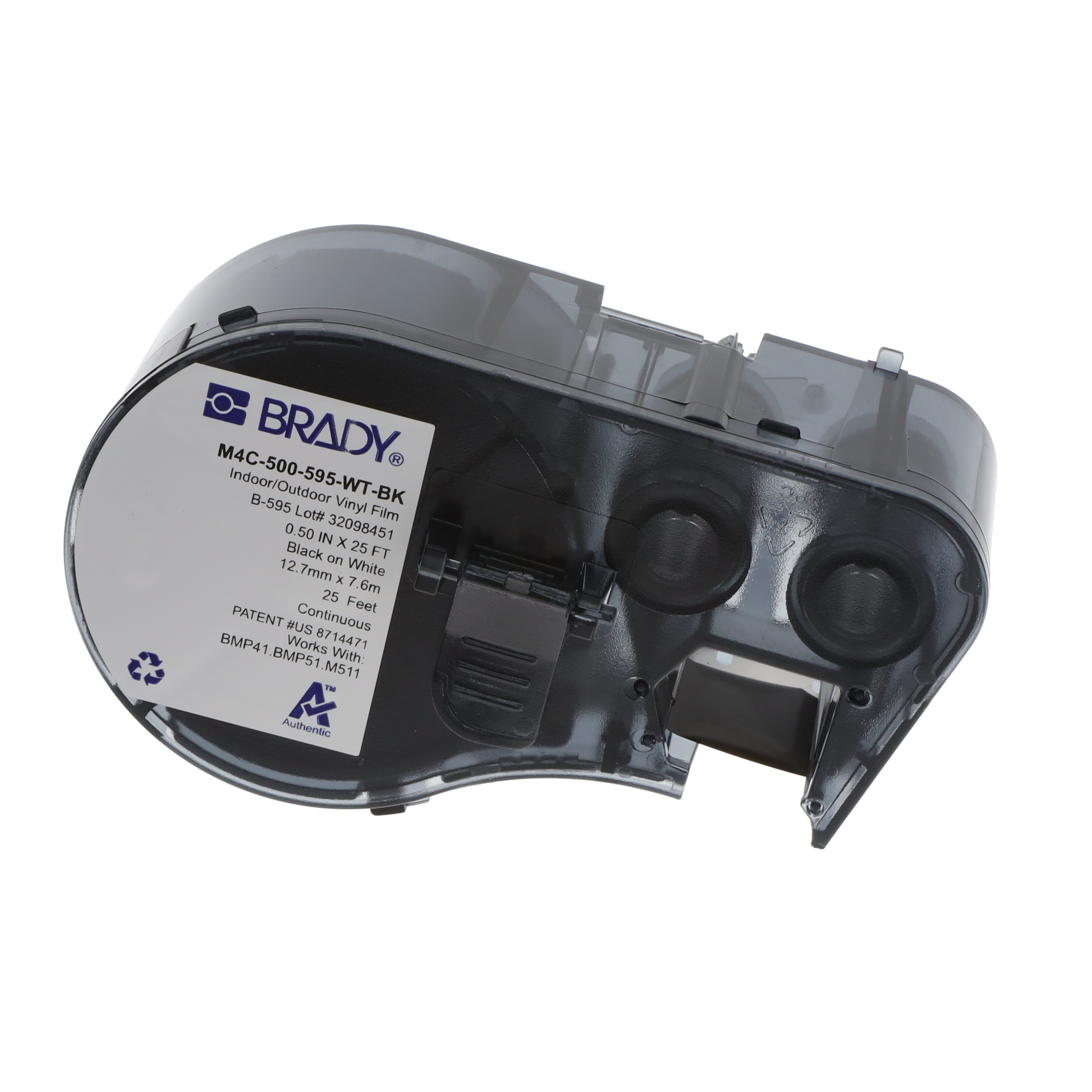 【M4C-500-595-WT-BK】VINYL LBLS 0.5X25FT BK/WT