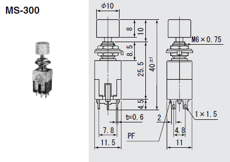 【MS300-R】スイッチ 押しボタンタイプ赤 6極 ON-(ON)