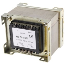 【503-950】シャーシ取り付け電源トランス 1次：230V ac 2次：12V ac 90％ 電力：200VA 7.2Ω