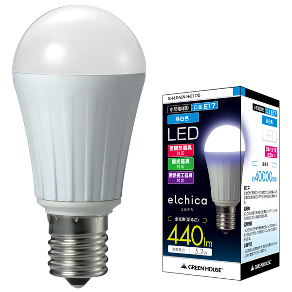【GH-LDA5N-H-E17/D】5.2W LED電球 40W相当 440LM 昼白色