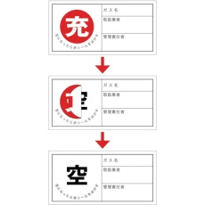 【042011】緑十字 高圧ガス関係標識 ボンベ充空ステッカー 充(赤)⇒空(黒) 札-11 50×100mm 10枚組