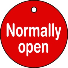 【151120】緑十字 バルブ開閉札 Normally open(赤) 50mmΦ 両面表示 PET