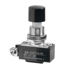 【SB221TNO】押しボタンスイッチ、Off-(On)、中央固定型、金属製ロックナット付属、単極単投(SPST)