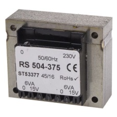 【504-375】基板実装用トランス 一次側:230V ac 二次側:15V ac 定格電力:12VA 出力数:2