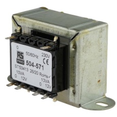 【504-571】シャーシ取り付け電源トランス 1次:230V ac 2次:12V ac 80% 電力:20VA 120Ω