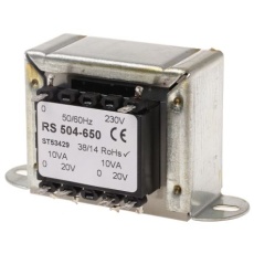 【504-650】シャーシ取り付け電源トランス、1次:230V ac、2次:20V ac 80%、電力:20VA 120Ω