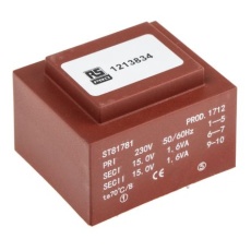 【121-3834】基板実装用トランス 一次側:230V ac 二次側:2x15V ac 定格電力:3.2VA 出力数:2