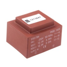 【121-3847】基板実装用トランス 一次側:230V ac 二次側:2 x 12V ac 定格電力:10VA 出力数:2