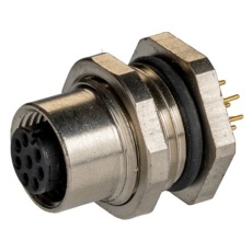 【201-7203】メス 丸型コネクタ、8極、M12、背面取り付け