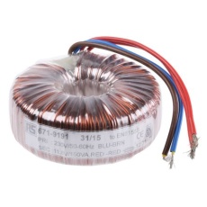 【671-9191】トロイダルトランス、1次:230V ac、2次:11.8V ac、電力:150VA