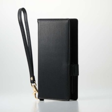 【P-06PLFY4BK】スマートフォン用マルチレザーケース/横開き式/手帳型/UltraSlim/薄型/磁石付き/ハンドストラップ付/カードポケット4つ付/Sサイズ/ブラック P-06PLFY4BK
