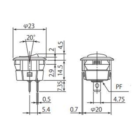 スイッチ 波動タイプ 赤 ON-OFF表示 SPST(2P)【DS059KON-R】