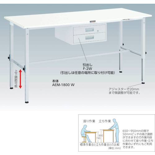 AEM型高さ調整作業台 900X600 下棚2枚付 W色【AEM-0960LT2 W】