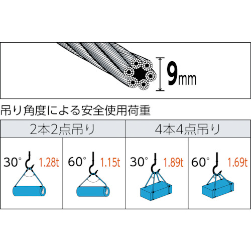 玉掛けワイヤーロープ 段落し 9mmX8m【TWD-9S8】