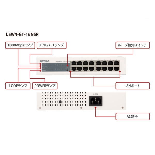 Giga対応スイッチングHub 金属筺体/電源内蔵 16ポート【LSW4-GT-16NSR】