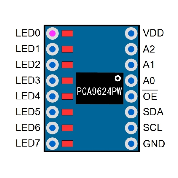 PCA9624PW 8ch I2C 電圧スイッチ型LEDコントローラ ピッチ変換済みモジュール【SSCI-023894】