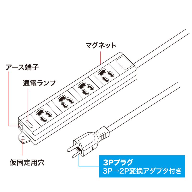 電源タップ(3P・4個口・1m)【TAP-MG341N2-1】