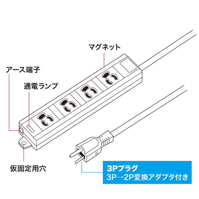 電源タップ(3P・4個口・5m)【TAP-MG341N2-5】