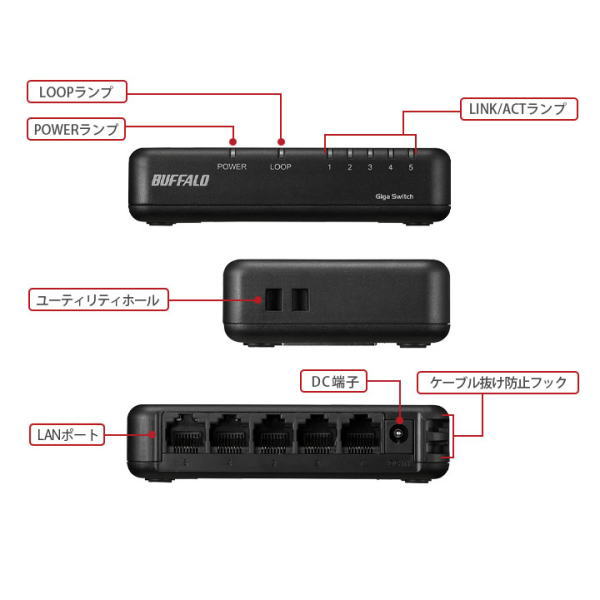 Giga対応スイッチングHub(ブラック/5ポート/プラスチック筐体/電源外付けモデル/マグネット付)【LSW6-GT-5EP/BK】