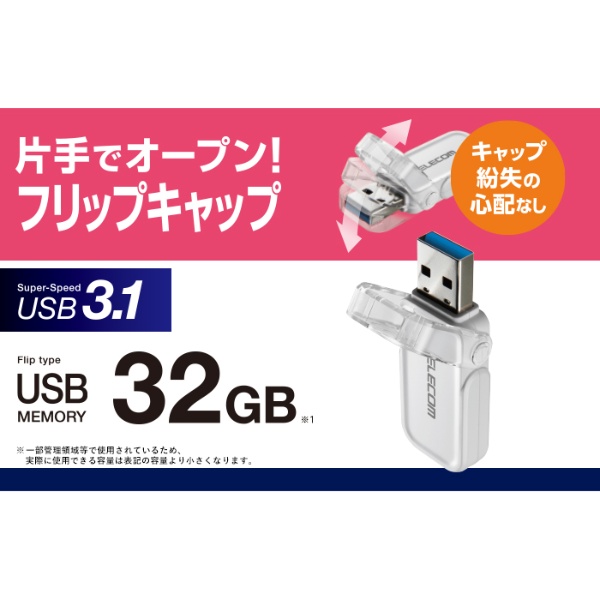 フリップキャップ式USBメモリ(32G、ホワイト)【MF-FCU3032GWH】
