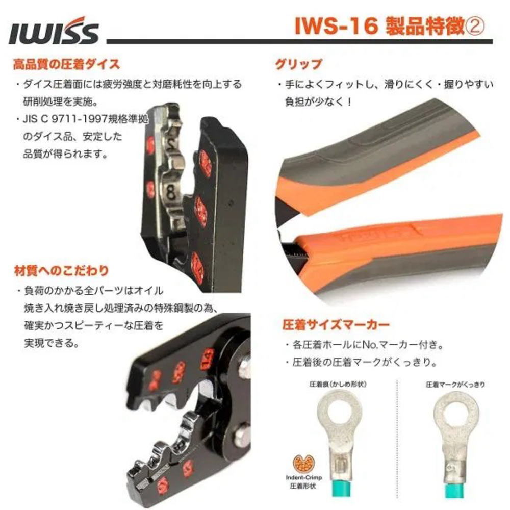 裸圧着端子用圧着工具(JIS準拠品 1.25-16.0sq対応) IWS-16 IWISS製｜電子部品・半導体通販のマルツ