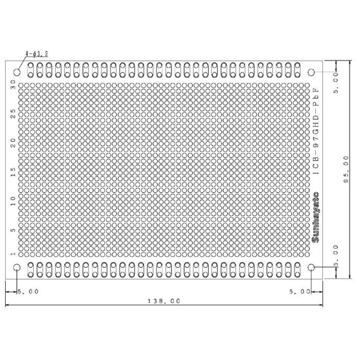 ユニバーサル基板 鉛フリー 両面 ガラスエポキシ スルホールはんだ 138×95mm【ICB-97GHD-PBF】