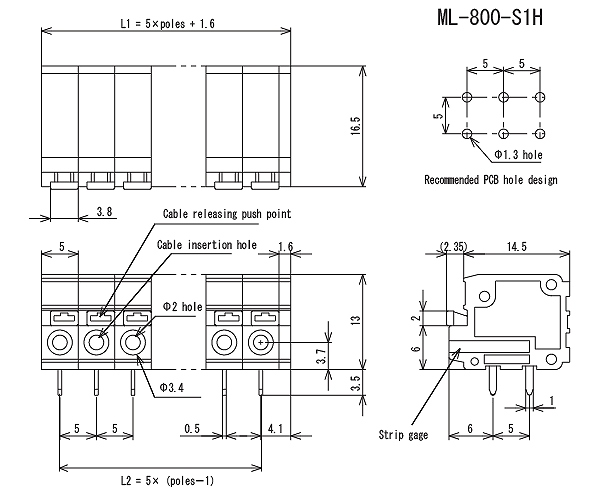 プリント基板用スクリューレス端子台 5mmピッチ 10A 250V 10極 ライトアングル【ML-800-S1H-10P】