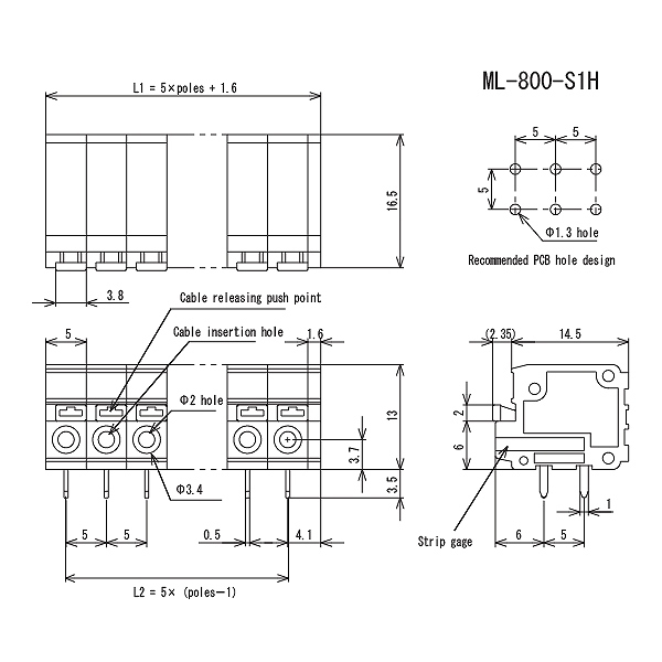 プリント基板用スクリューレス端子台 5mmピッチ 10A 250V 2極 ライトアングル【ML-800-S1H-2P】