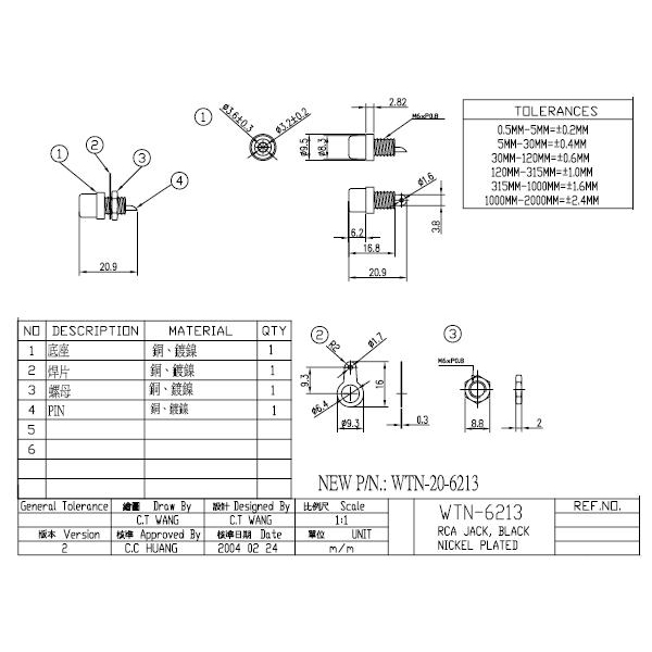 RCAジャック(白、パネル用、金メッキ、非絶縁型)【WTN20F6213GW】