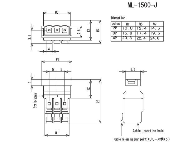 スクリューレス端子台 レセプタクル DC300V-5A 4極 緑【ML-1500-J4P-G】