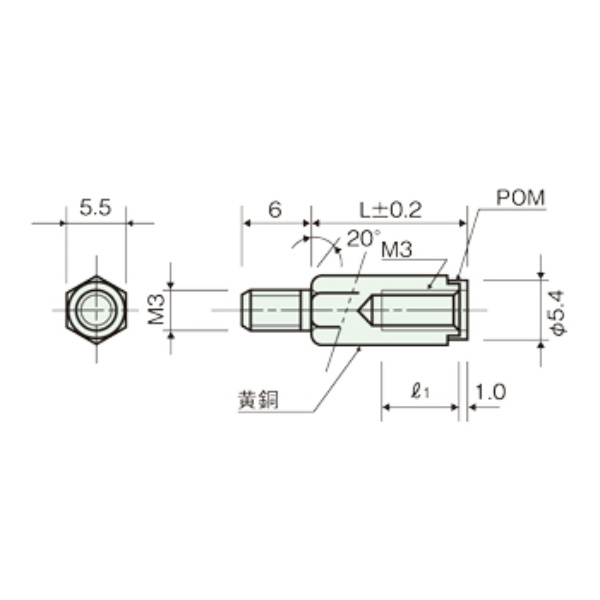 黄銅スペーサー メネジ側絶縁タイプ 六角オネジメネジ M3 7mm【BDB-307E】