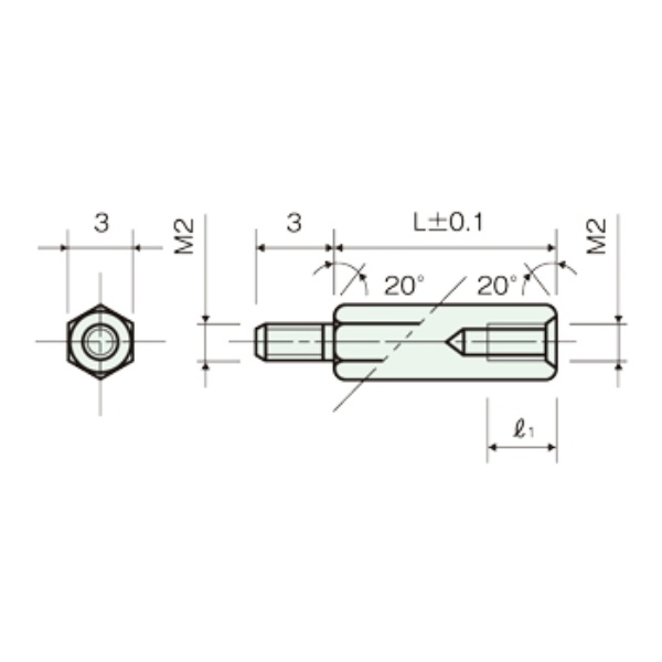 黄銅スペーサー(Ni)六角オネジメネジ M2(平径3)5mm【BSB-2005-3E】