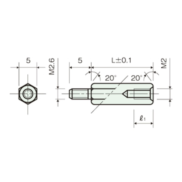 黄銅スペーサー 違径 六角オネジメネジ M2.6/M2 15mm【BSB-26215E】