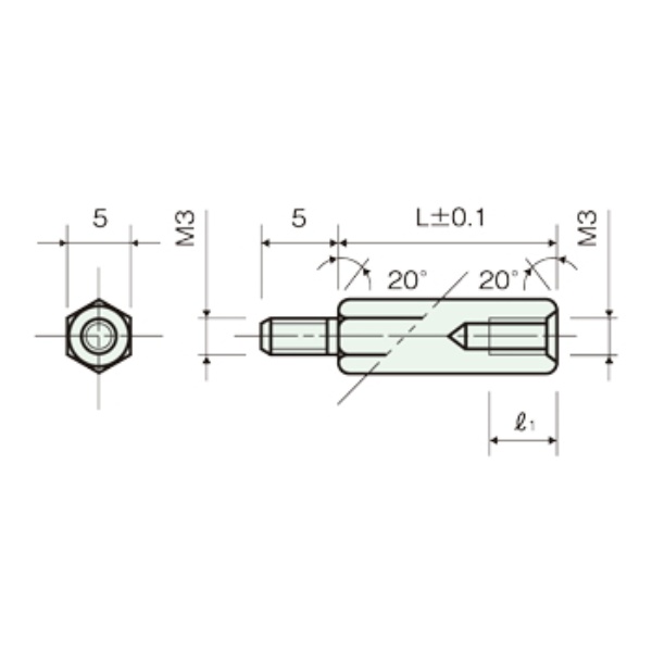 黄銅スペーサー(Ni)六角オネジメネジ M3(平径5)9.5mm【BSB-309.5-5E】