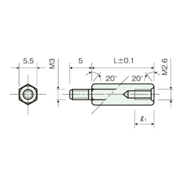 黄銅スペーサー 違径 六角オネジメネジ M3/M2.6 17mm【BSB-3217E】