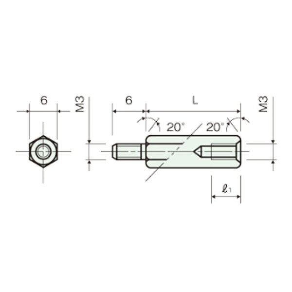 黄銅スペーサー(Ni)六角オネジメネジ M3(平径6)32mm【BSB-332-6E】