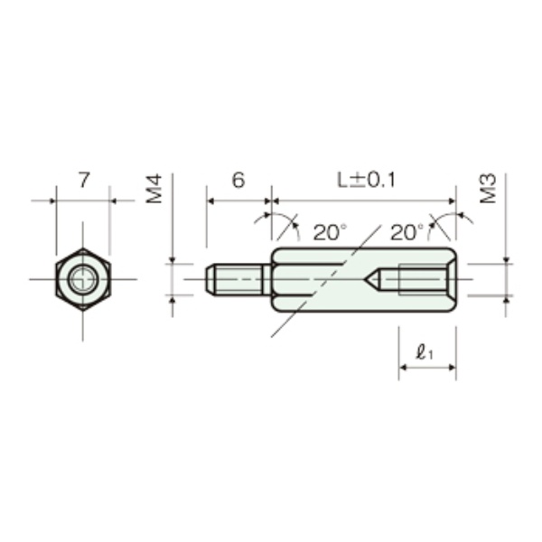 黄銅スペーサー 違径 六角オネジメネジ M4/M3 18mm【BSB-4318E】