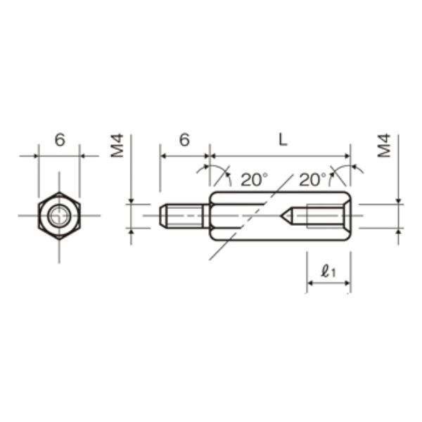 黄銅スペーサー(Ni)六角オネジメネジ M4(平径6)42mm【BSB-442-6E】