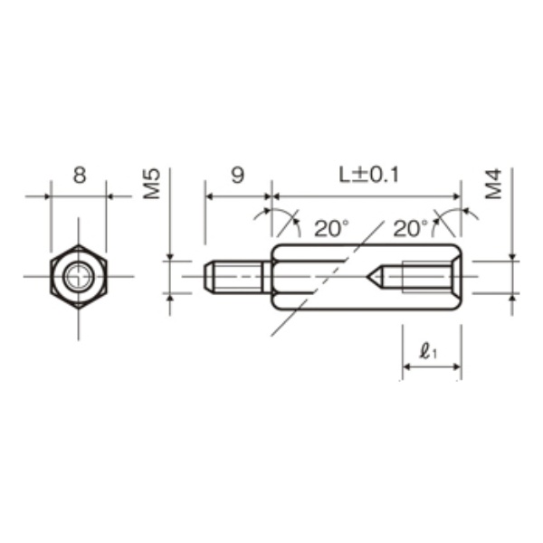 黄銅スペーサー 違径 六角オネジメネジ M5/M4 13mm【BSB-5413E】