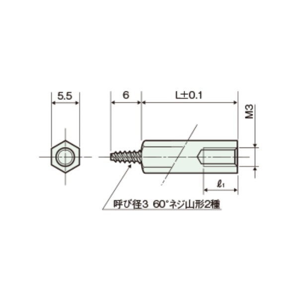 黄銅タッピンスペーサー(脱脂)六角オネジメネジ M3 14mm【TSB-314CE】