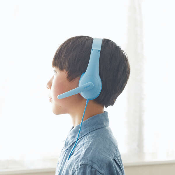 子供用ヘッドセット 4極ミニプラグ マイクアーム付 ライトブルー【HS-KD01TLBU】