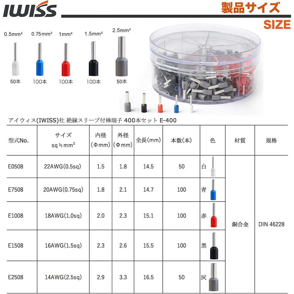 フェルール端子(絶縁スリーブ付き棒端子、400本セット)【E-400】