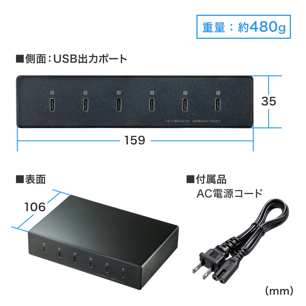 USB Type-C充電器(6ポート･合計18A･高耐久)【ACA-IP81】