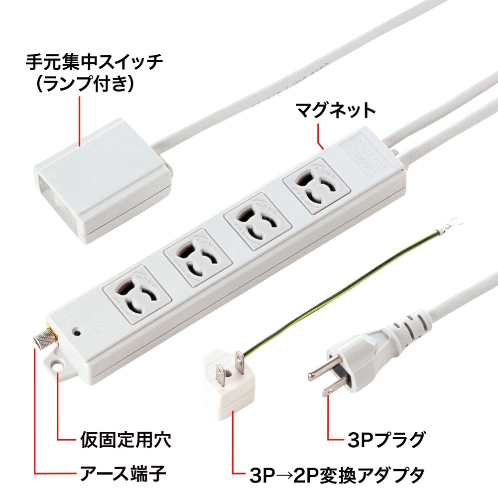 TAP-5433MGN2-3　手元スイッチ付き抜け止めタップ(3P・4口・3m)　サンワサプライ製｜電子部品・半導体通販のマルツ