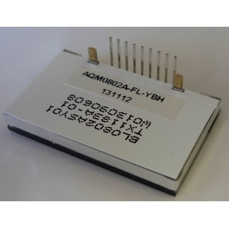 小型LCDディスプレイ(8桁×2行、文字色：黒、背景色：黄緑)【AQM0802A-FL-YBH】